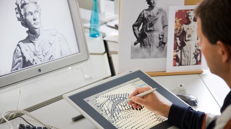 A designer sketches a historical banknote motif on the tablet