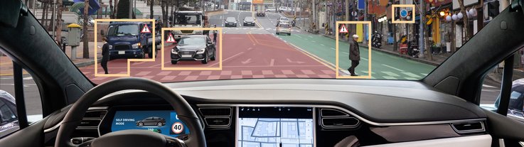 Blick aus dem Auto durch die Frontscheibe, verschiedene Dinge auf der Straße werden digital erfasst