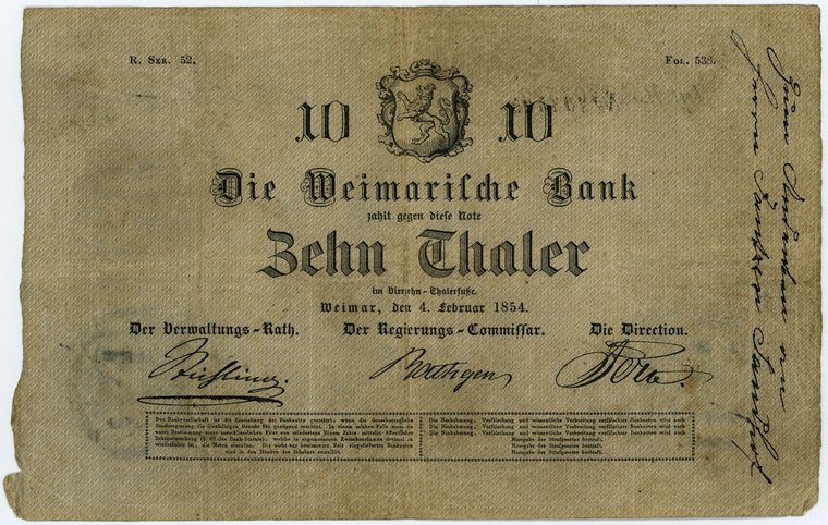 Photo of 10 thalers from the Weimar Bank of 1854