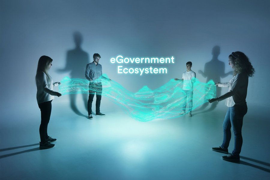 4 people span a simulated digital web, above it is 'eGovernment Ecosystem'.