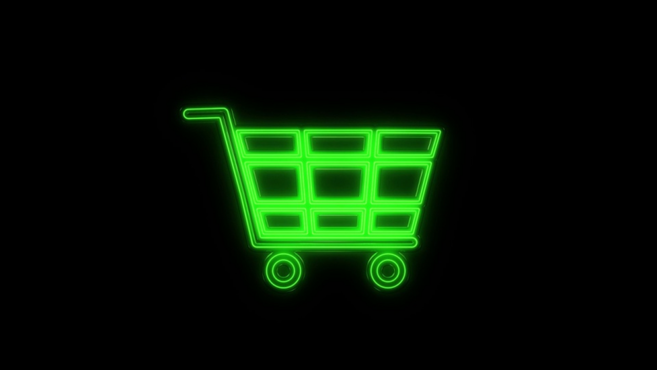 Luminous sign from green glowing tubes in the shape of a shopping cart
