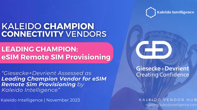 A poster by Kaleido Intelligence that announces G+D as the Leading Champion in eSIM Remote SIM Provisioning