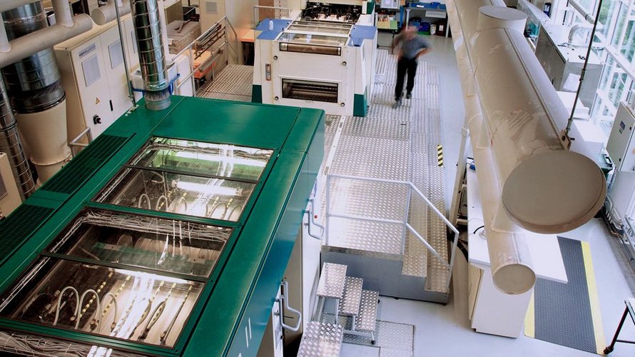 View from above into a production hall with printing plants