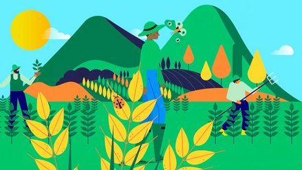 Illustration of three people in green hats working in a field. In the background rise high mountains