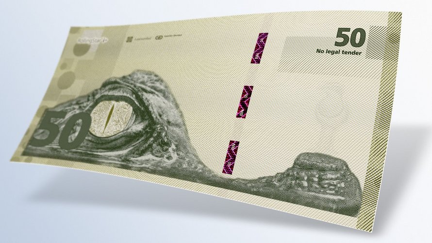 Sample banknote with security thread in jagged look