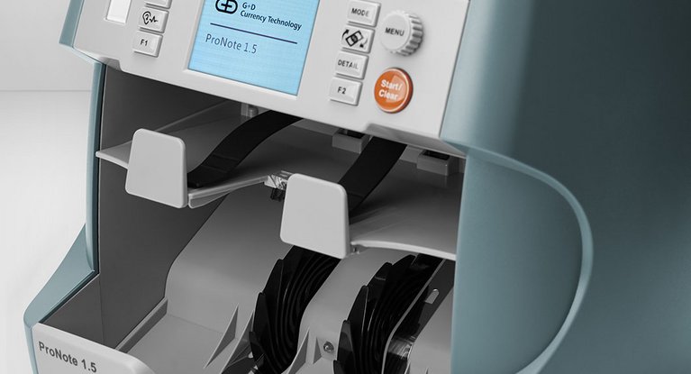 Close-up of the frontside of the ProNote® 1.5 tabletop banknote processing system