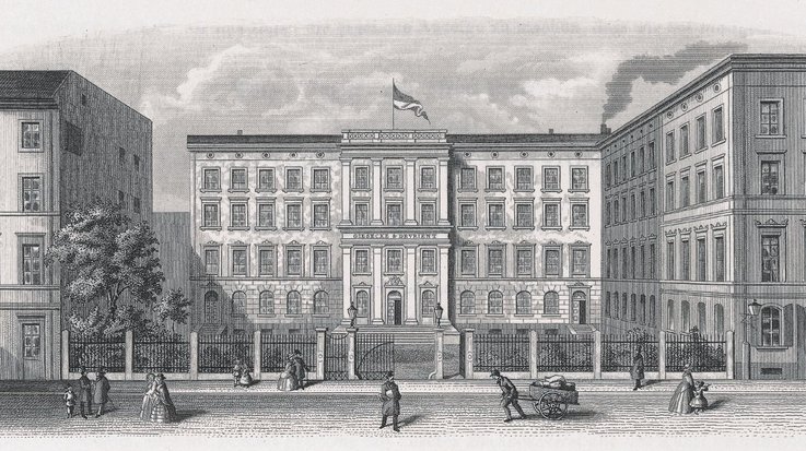 Zeichnung des alten Firmengebäudes in schwarz weiss