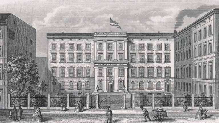 drawing of the old company building in black and white