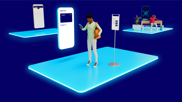 3d model: person holding their mobile with their digital payment card while online shopping