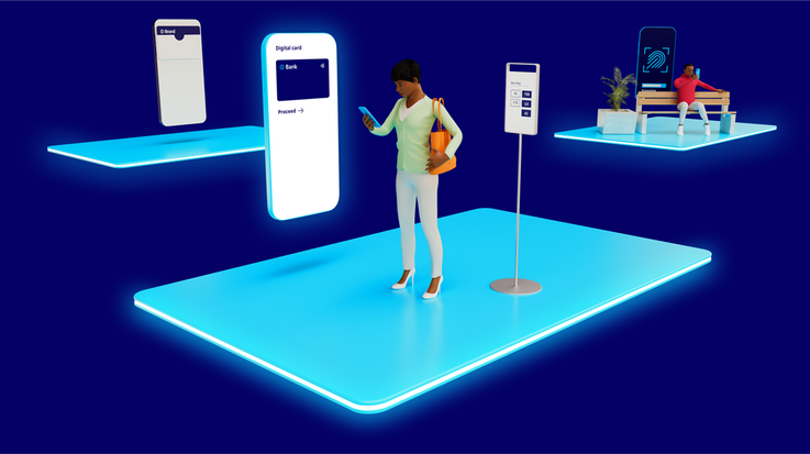 3D-Modell: Person, die ihr Handy mit einer digitalen Bezahlkarte darauf in der Hand hält während sie online einkauft