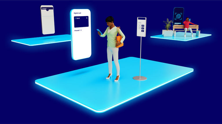 3D-Modell: Person, die ihr Handy mit einer digitalen Bezahlkarte darauf in der Hand hält während sie online einkauft
