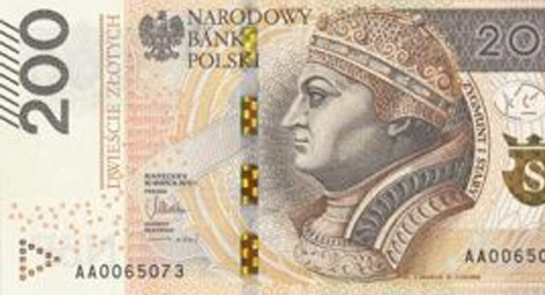 Eine 200 Zloty Banknote mit Rollingstar Sicherheitsfaden