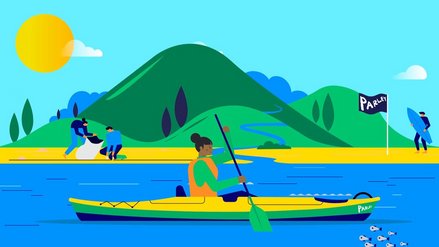 Illustration of a woman in a kayak, in the background two people are picking up trash on the beach, a waving flag says 'Parley'