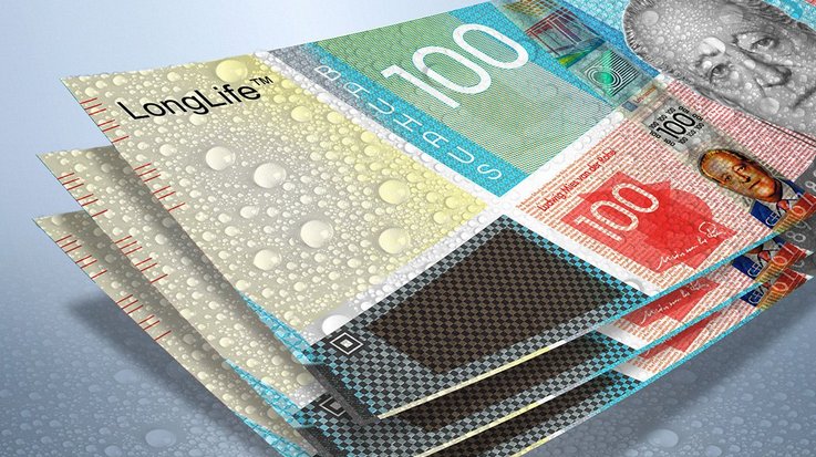 LongLife Banknote mit buntem Bauhaus-Motiv und Wassertropfen