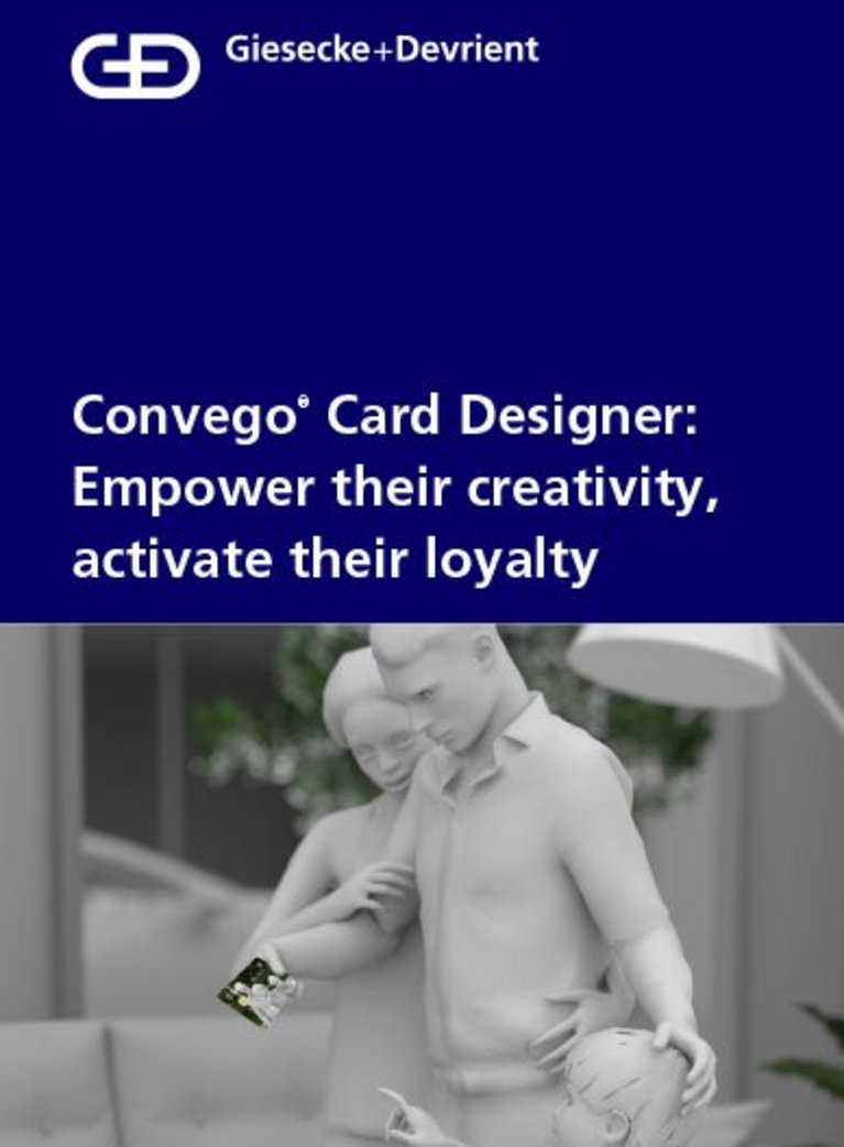 Cover von G+D Convego Card Designer mit einem 3D Bild einer Familie, die eine Bezahlkarte betrachtet
