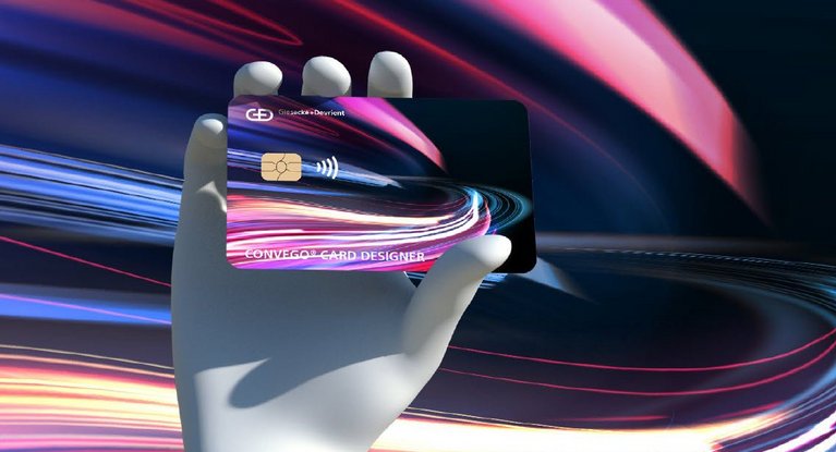 3d model: hand holding a smart card with colorful lights that pass quickly
