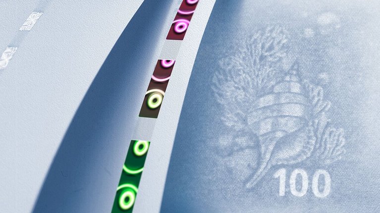 Watermark of the number 100 and a shell, next to it a security thread