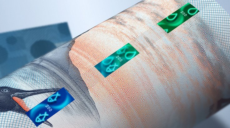 Close up of a sample note with a security thread in blue-green with fishes