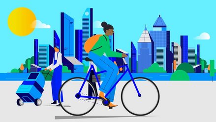 Illustration einer Frau, die auf einem blauen Fahrrad fährt vor einer Großstadtkulisse