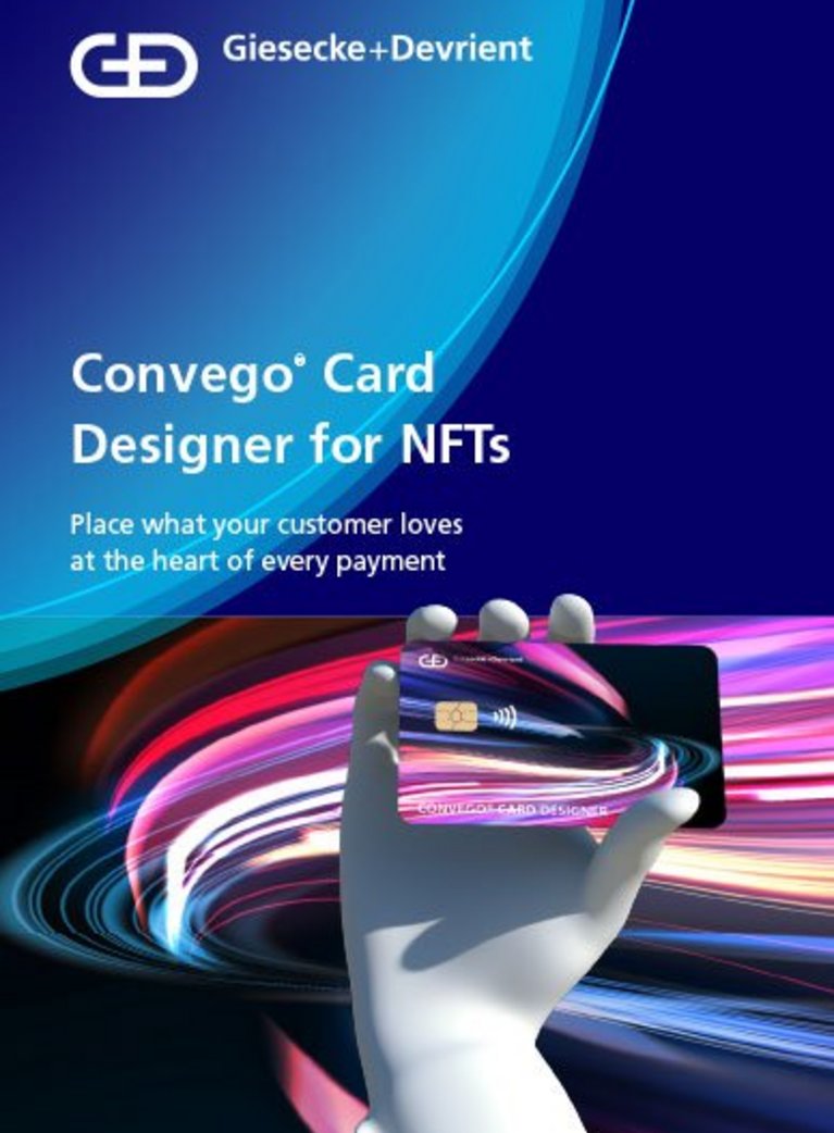 Coverbild von G+D Convego Card Designer für NFTs mit einem 3D-Bild einer Hand, die eine bunte Bezahlkarte hält