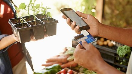 Person hands small plants to another person holding smartphone and credit card