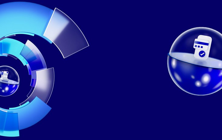 Abstract fintech illustration with blue 3D data rings and credit card icon