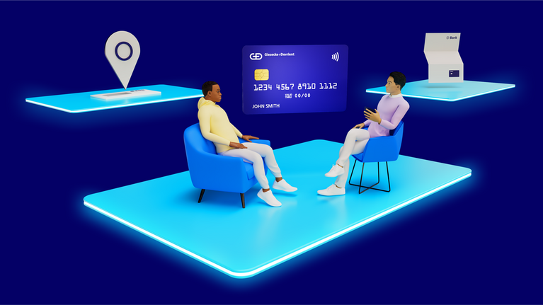 3D-Modell: Zwei Personen sitzen sich gegenüber und eine Bezahlkarte schwebt im Hintergrund