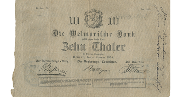 Ten Thaler banknote from 1854 
