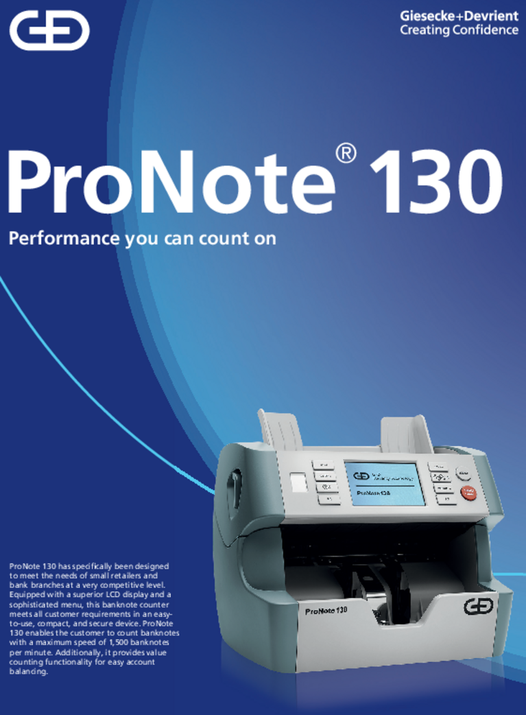 Cover of the brochure for the banknote processing system ProNote 130