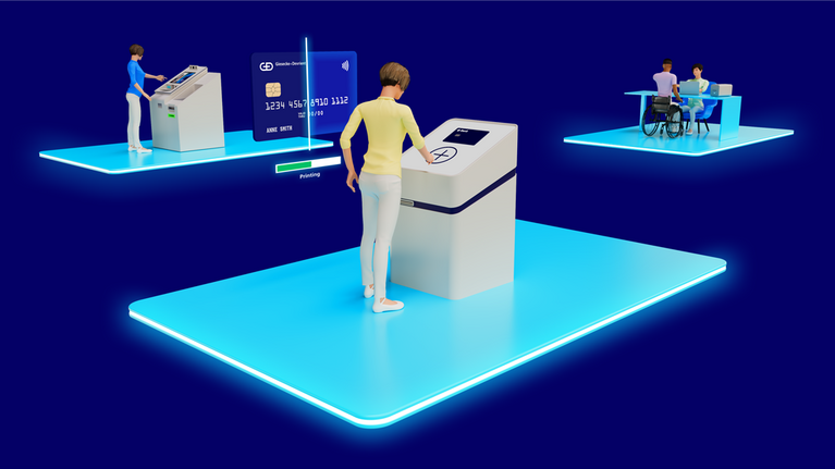 3D model showing a customer at an issuance kiosk