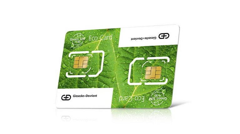 Two SIM cards with the inscription Green SIM by G+D, Eco Card
