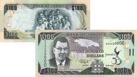 Vorder- und Rückseite einer jamaikanischen 100 Dollar Banknote 
