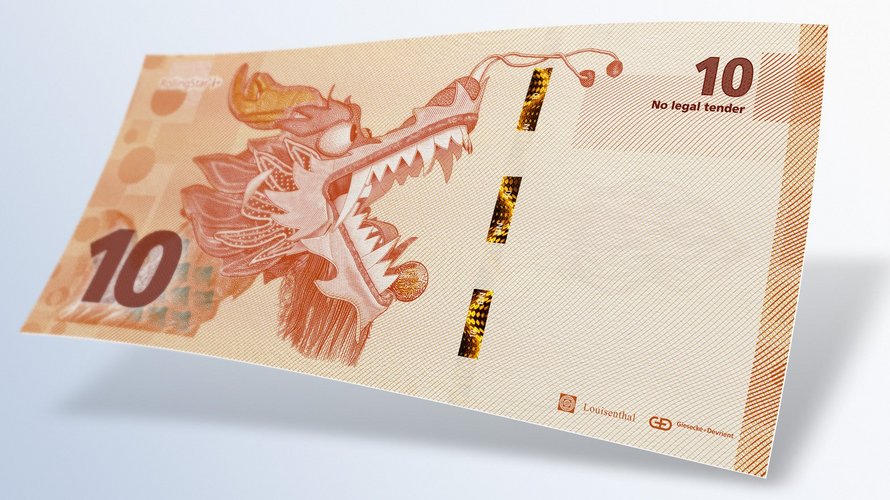 Sample banknote with security thread in wavy look