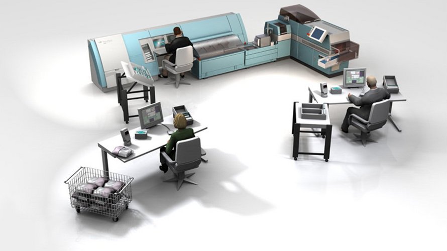3D visualization of a cash center with a banknote processing system and two workstations
