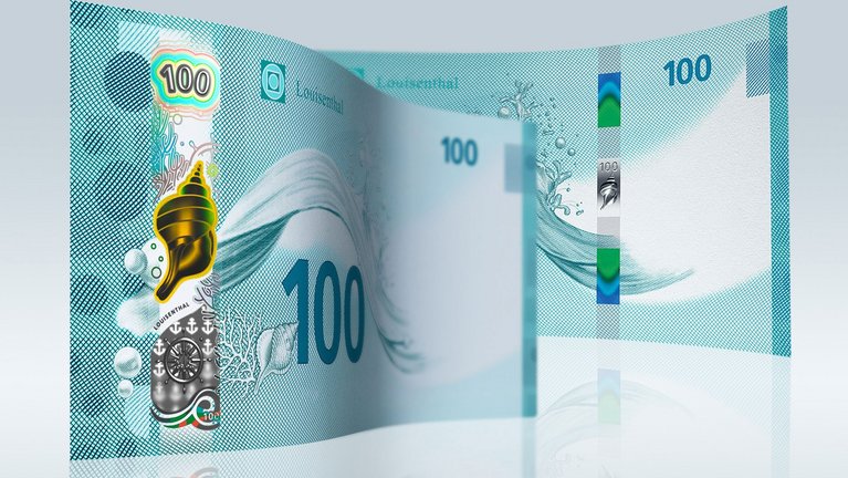 Musterbanknote der Papierfabrik Louisenthal mit Sicherheitszeichen und Sicherheitsfaden