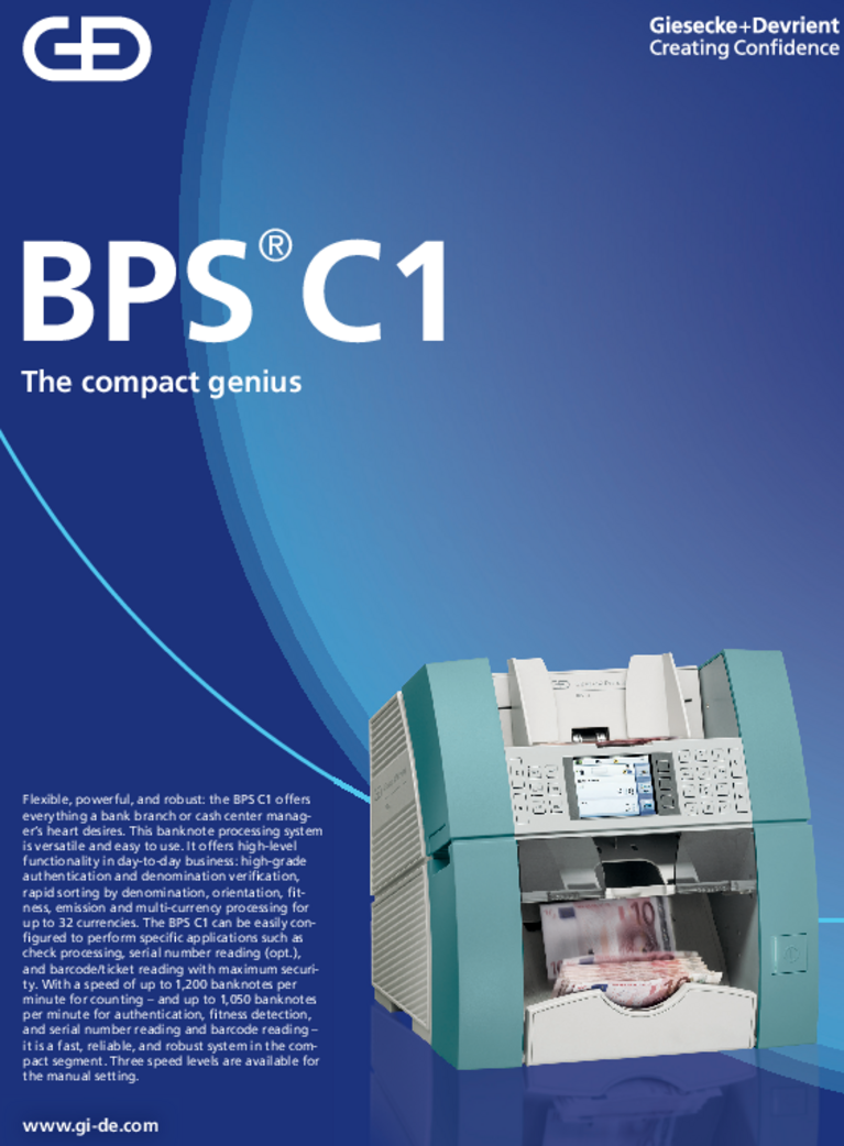 Cover of the brochure for the banknote processing machine BPS C1