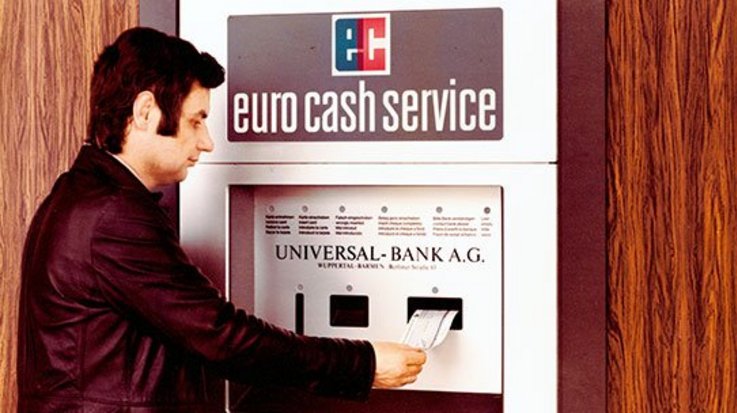 Historic image of man at the euro cash service