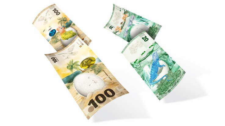 Two colorful banknotes with front and back sides