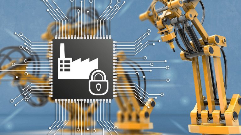 Illustration eines Mikrochips mit dem Symbol einer Fabrik und einem Schloss, dahinter Roboterarme