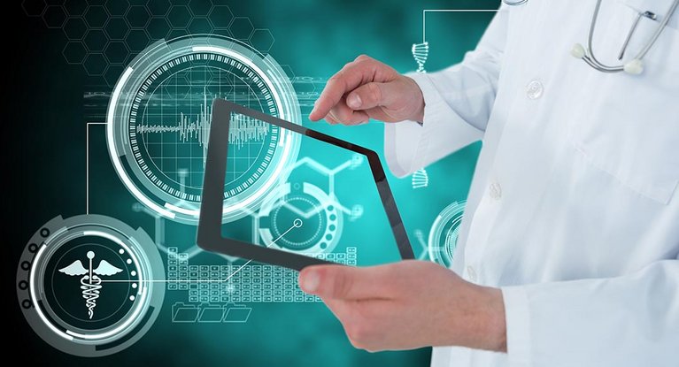 A medical professional operates a medical program on the tablet