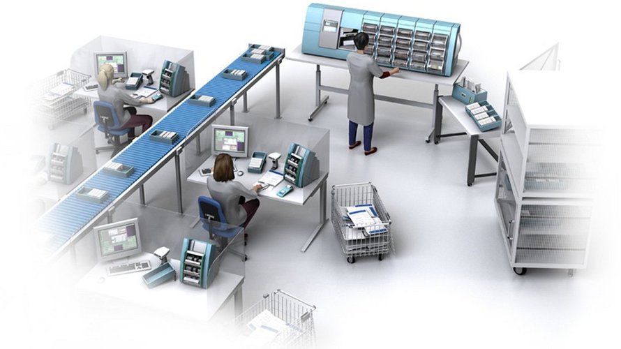 3D visualization of a cash center with a banknote processing system, a conveyor belt and various workstations