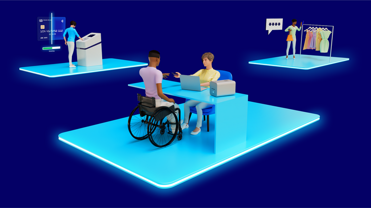3d model: a person hands over a credit card to another person