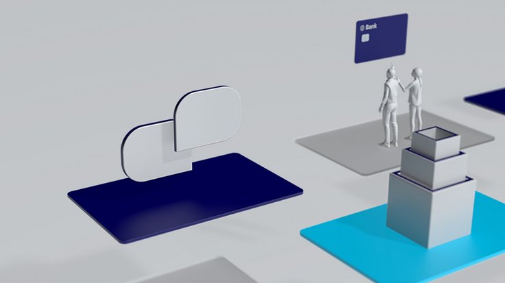 Abstract 3d model, two people standing in front of a credit card