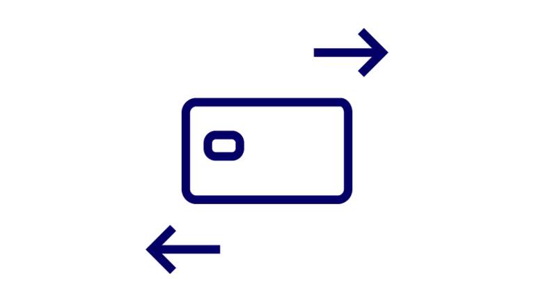 Icon for a credit card with arrows in two directions