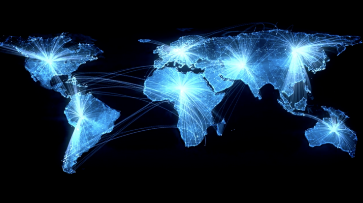 Weltkarte mit simulierter Vernetzung zwischen den Kontinenten