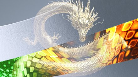 3D-Modell eines Sicherheitsfadens für Banknoten, darüber schwebt ein asiatischer Drache