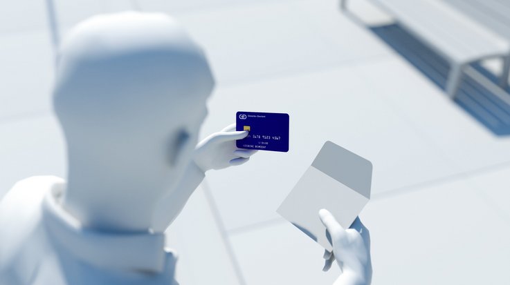 3D-Modell einer Person, die eine Kreditkarte von G+D in den Händen hält
