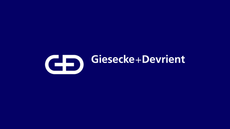 Weißes G+D Logo auf blauem Hintergrund