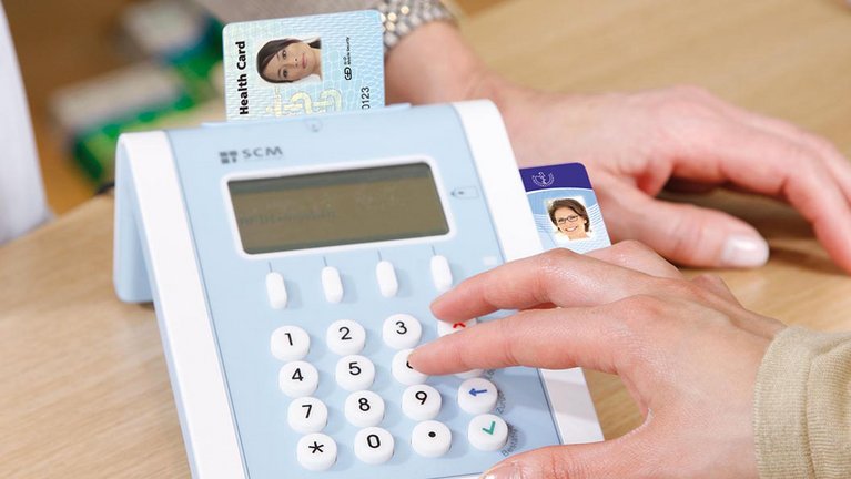 A G+D Smart Health card is inserted in a card reader