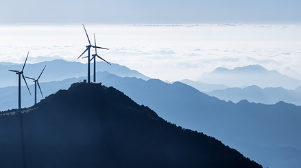 panoramic view of the blue ridge mountains and wind turbines